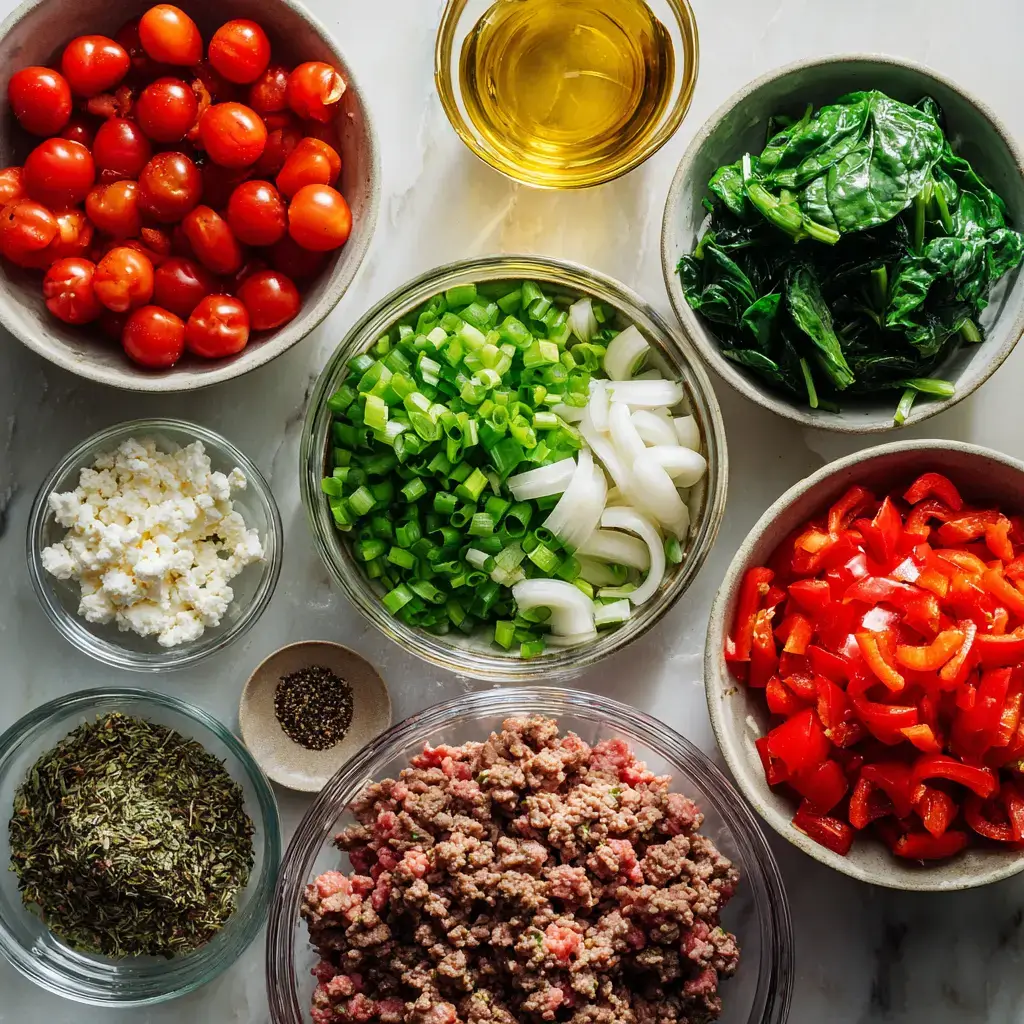 Ingredients for Mediterranean ground beef stir fry in ceramic bowls