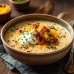 newks potato soup recipe served in rustic bowl with bacon and cheese
