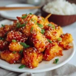 Orange chicken coated in sweet glaze on a plate