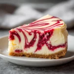 Raspberry swirl cheesecake recipe close-up with red fruit swirls