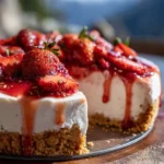 Slice of sugar free no bake cheesecake with strawberries