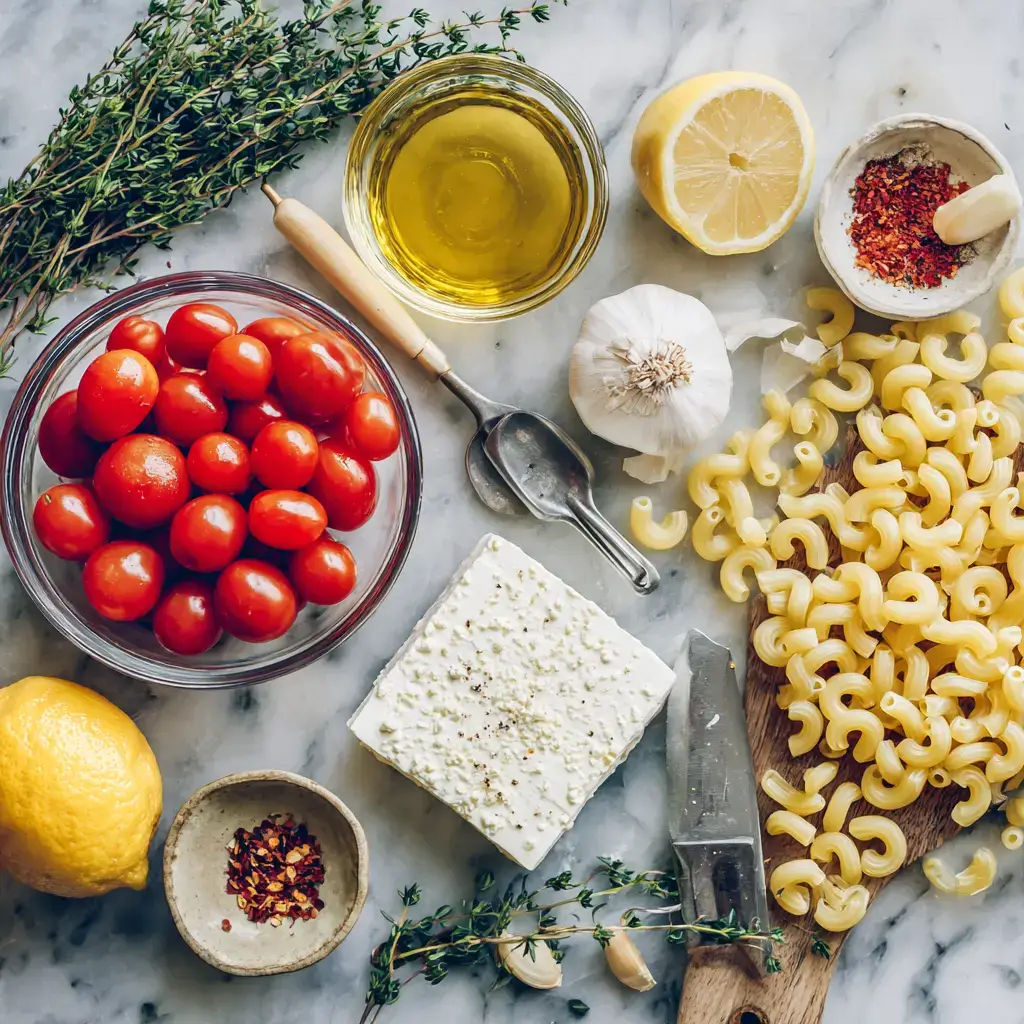 Ingredients for tomato feta pasta recipe laid out in bowls and measuring spoons