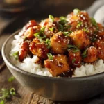 Asian Bourbon Chicken served over rice with glossy sauce