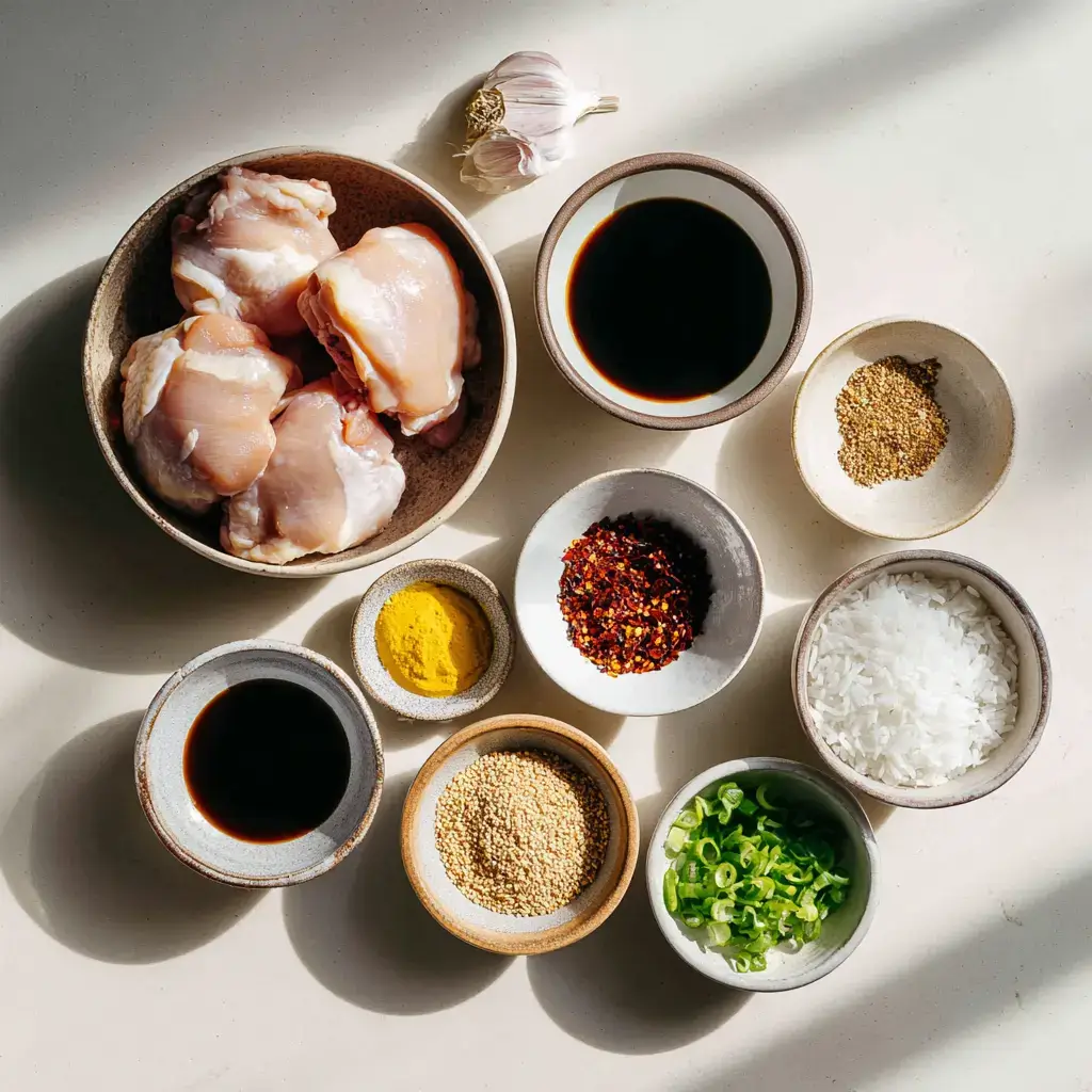 Asian Bourbon Chicken ingredients flat-lay