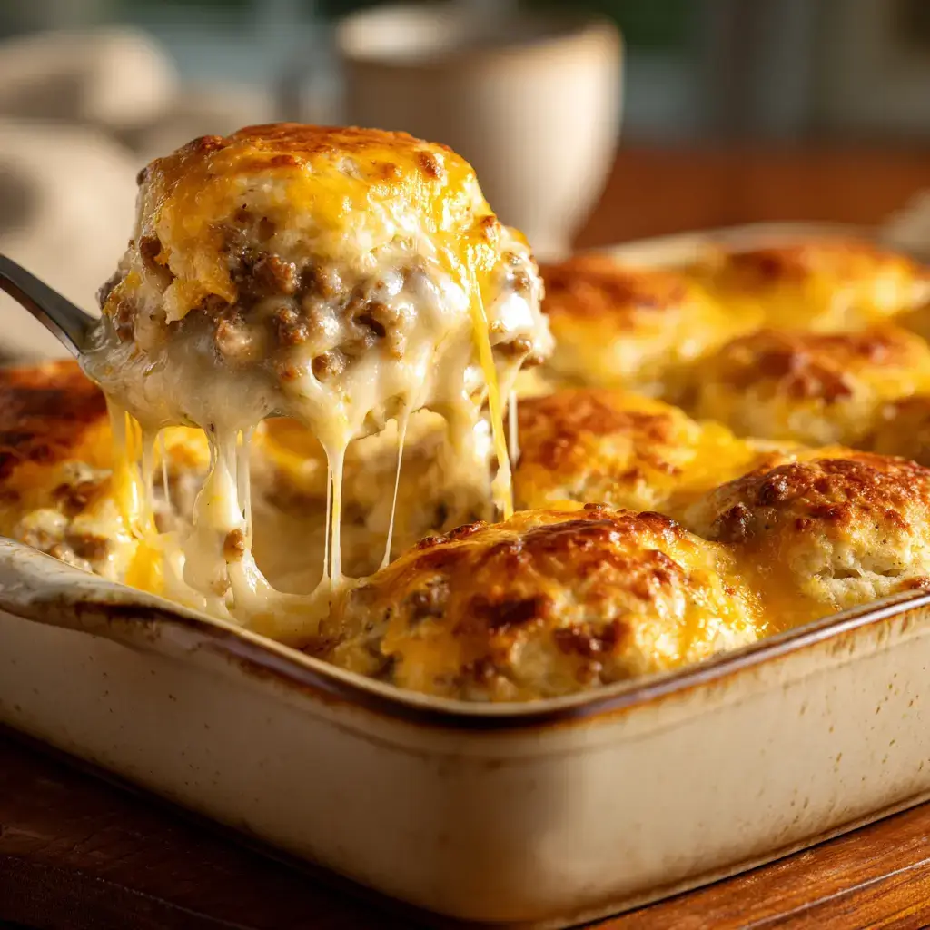 biscuits and gravy hashbrown casserole baked golden with cheese and sausage