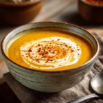 Butternut soup in slow cooker served with coconut milk swirl