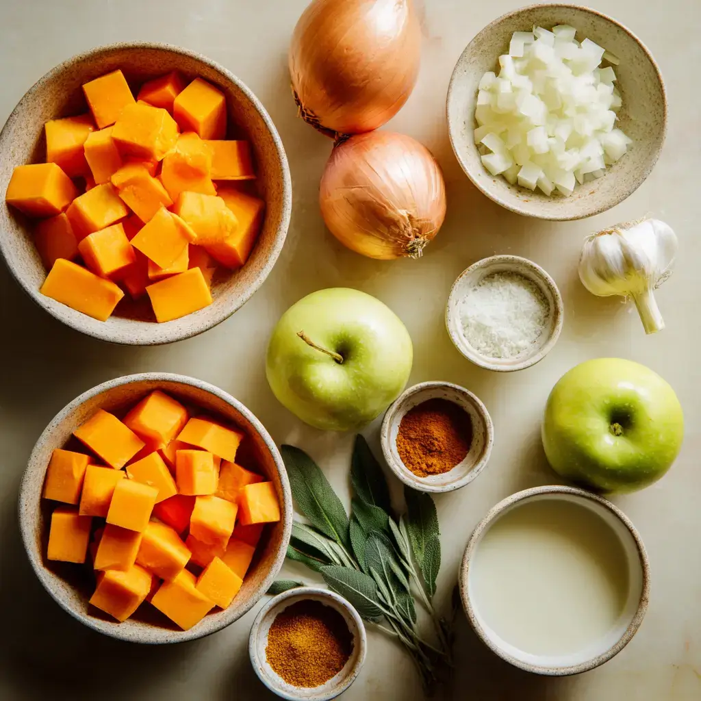 Butternut soup slow cooker ingredients flat-lay