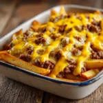 cheeseburger French fry bake with beef, fries, and cheese