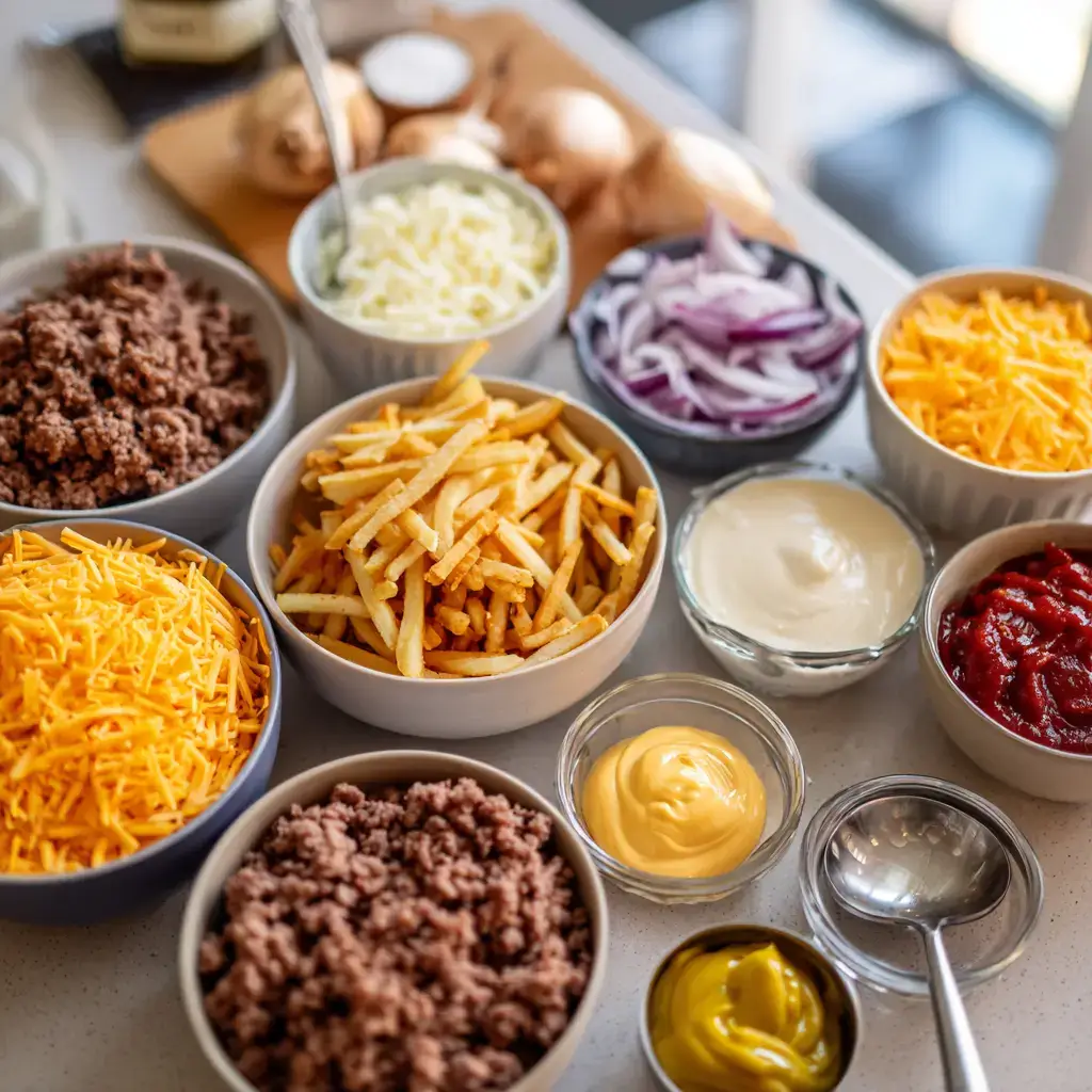 cheeseburger French fry bake ingredients flat lay