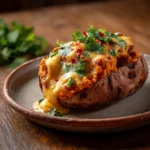 cheesy chilli with sweet potato mash close-up