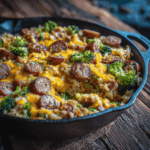 Cheesy smoked sausage rice skillet in cast iron pan