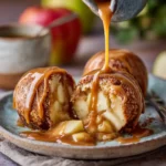Gooey Apple Caramel Bombs on plate with caramel drizzle