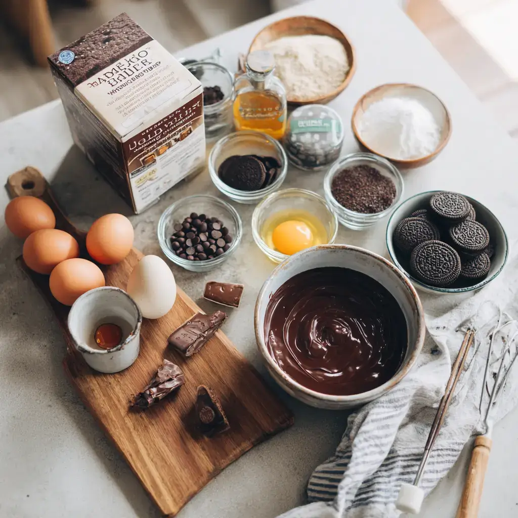 Ingredients for Halloween Bat Brownies laid out on counter