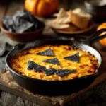 Halloween buffalo chicken dip with jack-o’-lantern face