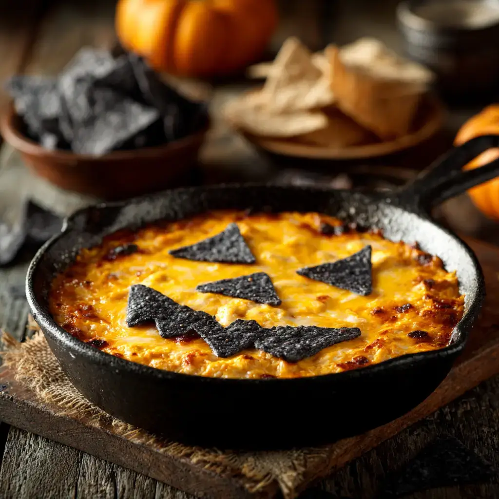 Halloween buffalo chicken dip with jack-o’-lantern face