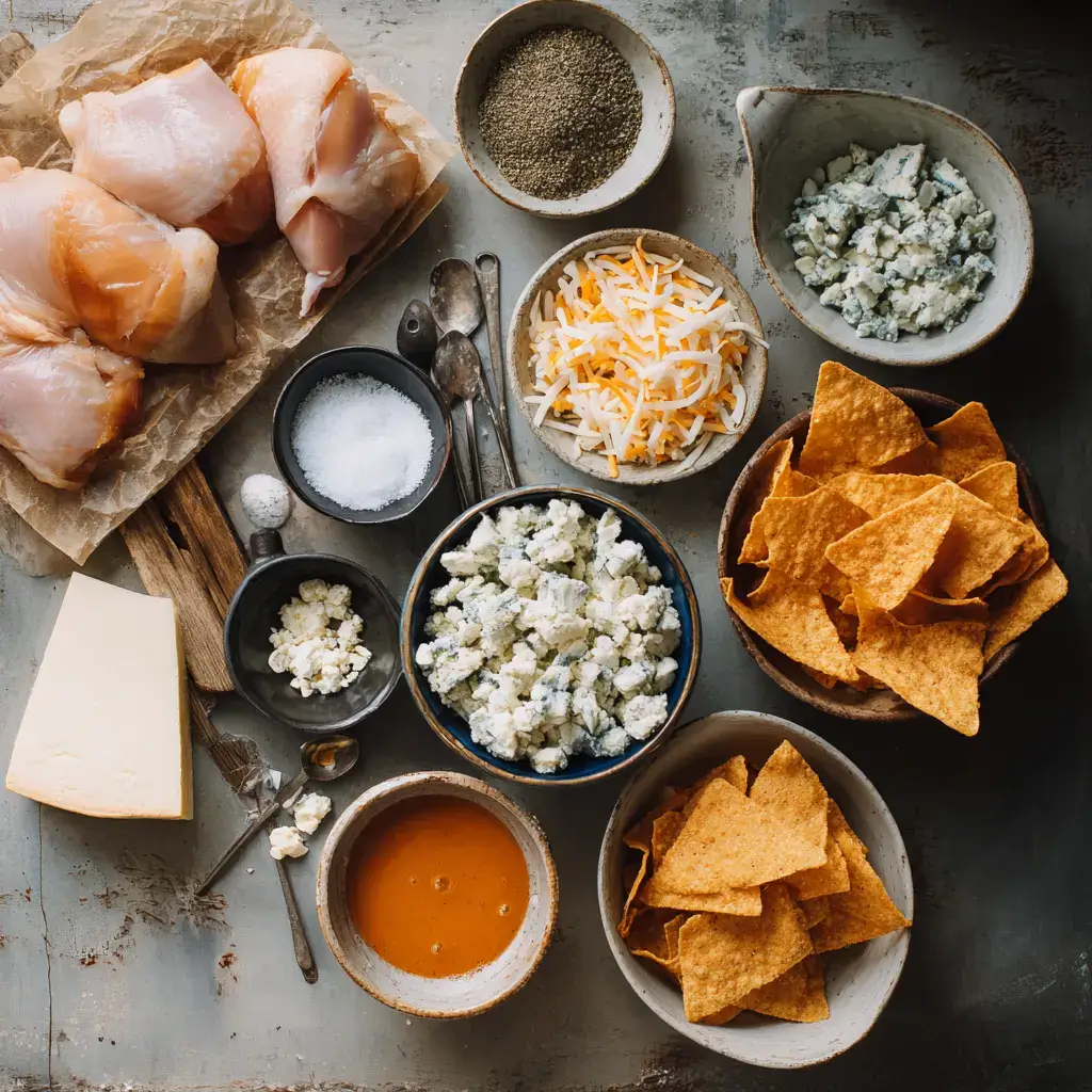 Halloween buffalo chicken dip ingredients on kitchen counter