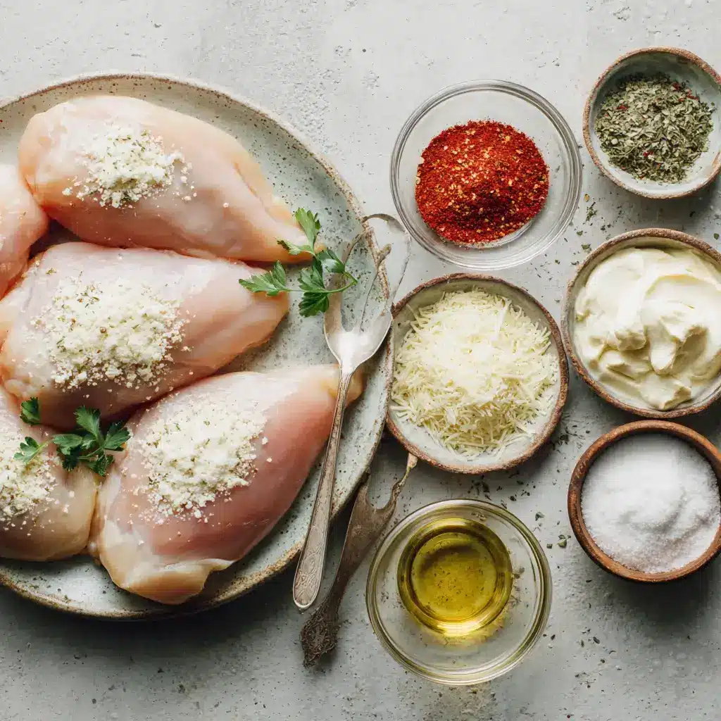 ingredients for tender baked chicken with creamy parmesan coating