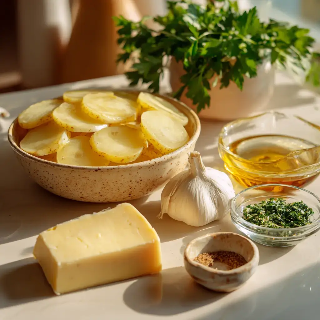 potato gratin recipe without cream ingredients flat lay