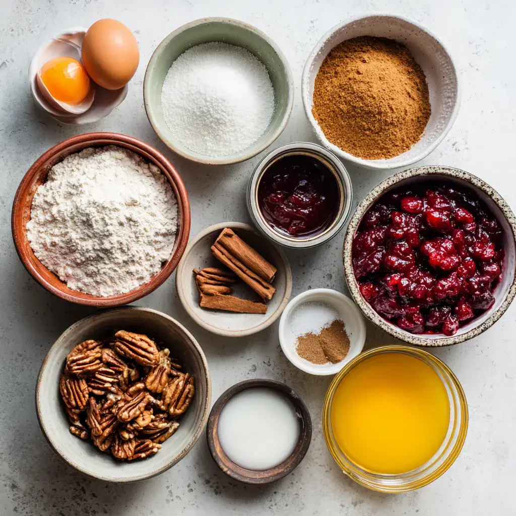 Pumpkin cranberry bread with canned cranberries ingredients flat lay