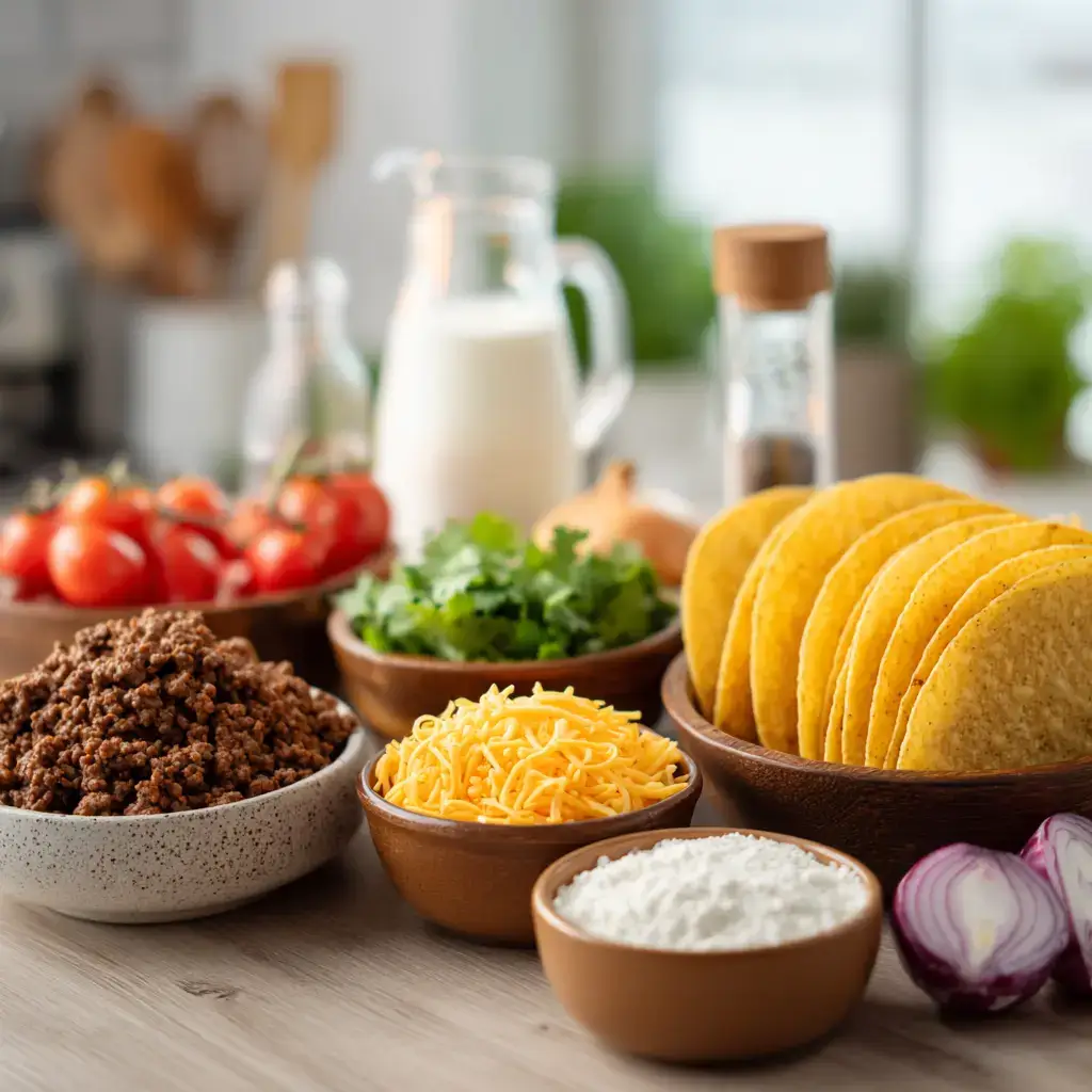 Loaded Taco Shells with Creamy Cheese Sauce ingredients flat-lay