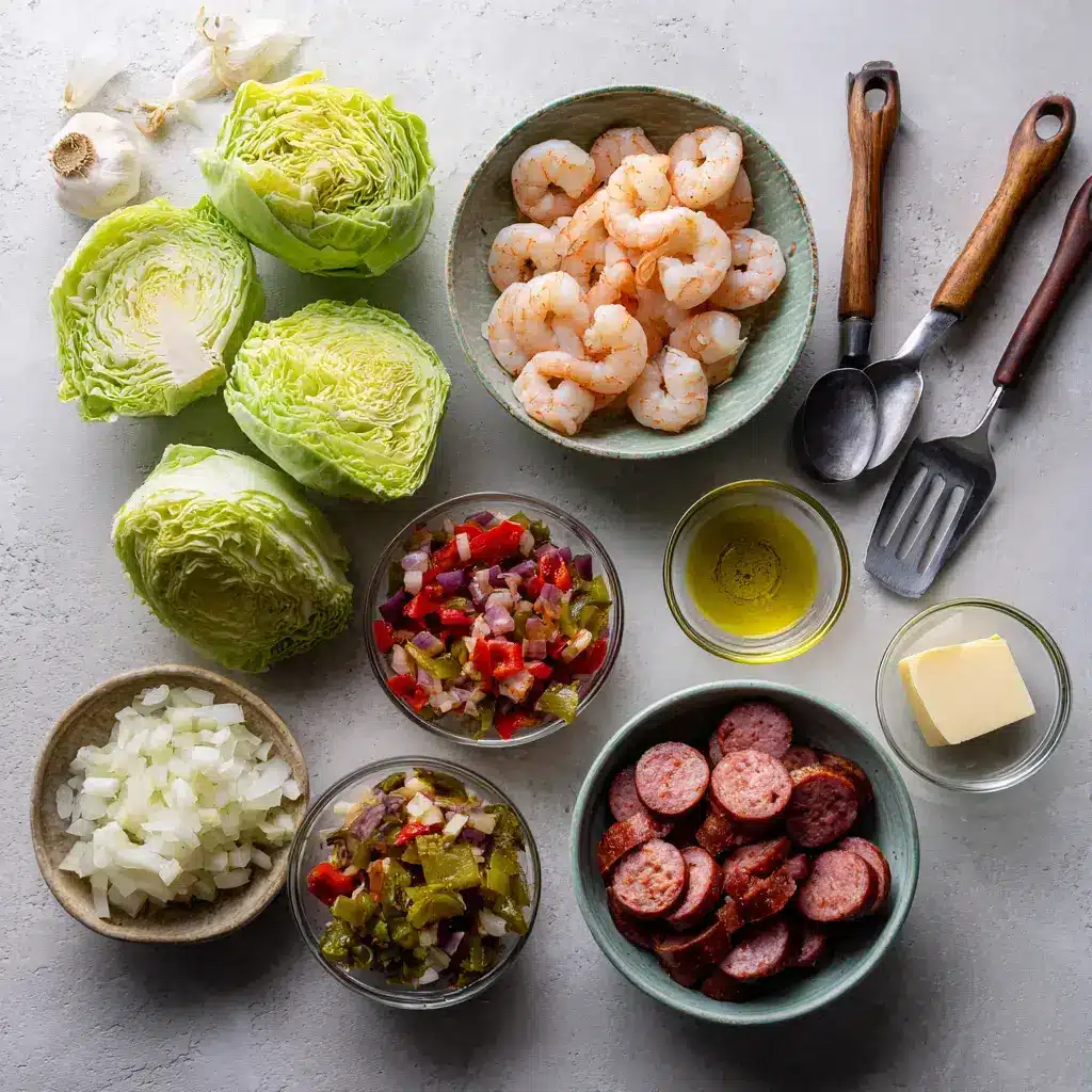 Viral Cabbage Boil Shrimp Sausage and Bacon Ingredients