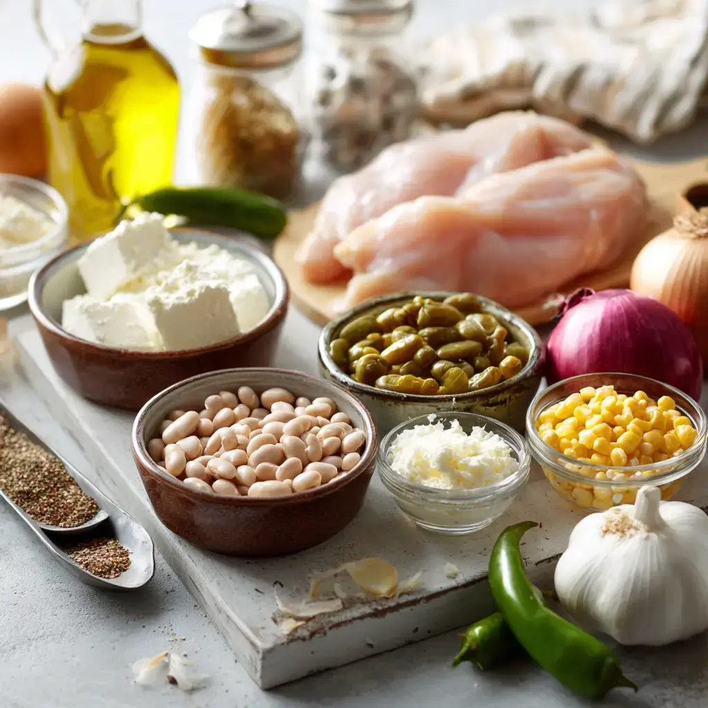 ingredients for white chicken chili crockpot recipe flat lay