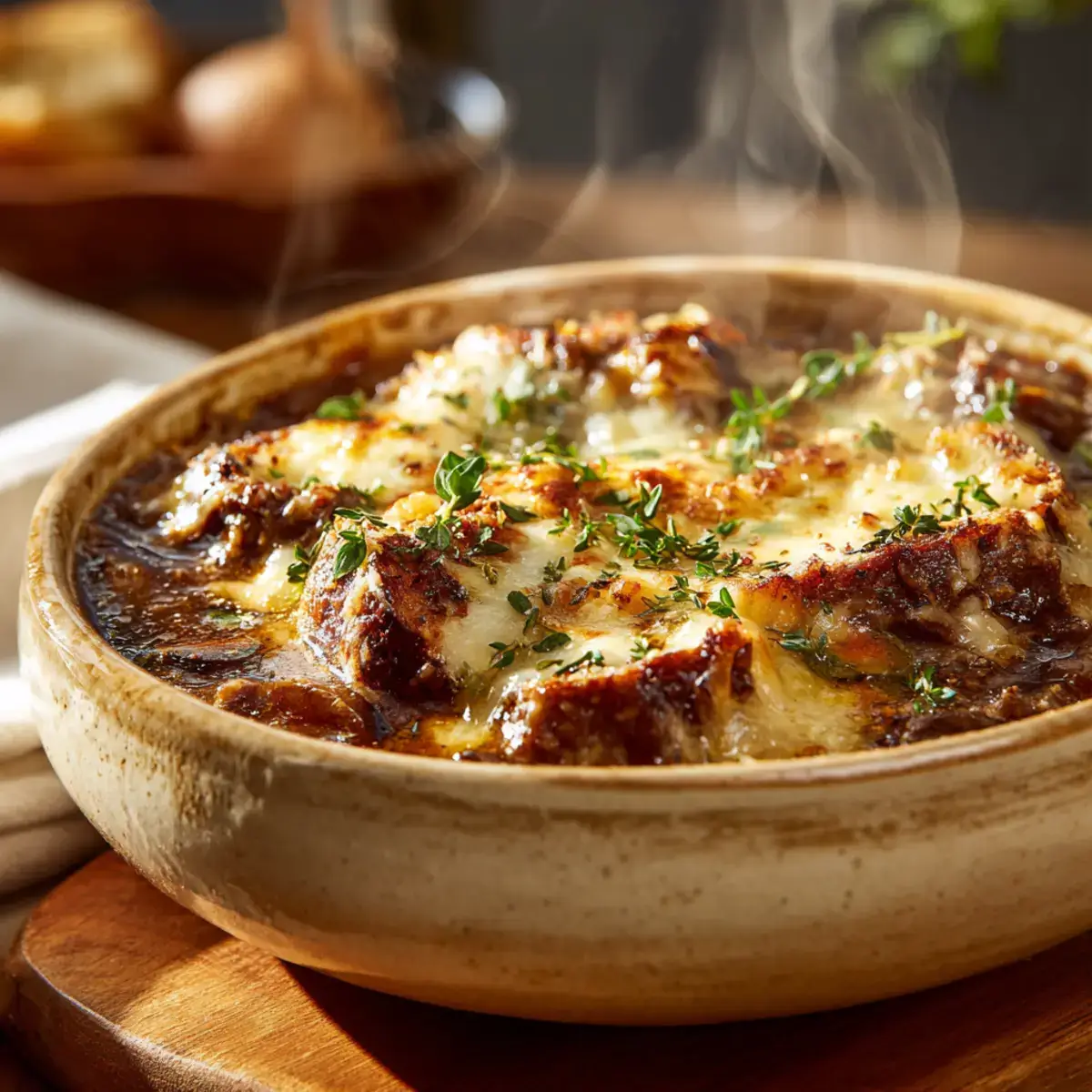 French Onion Beef Stew with Cheesy Bread Topping bubbling in bowl