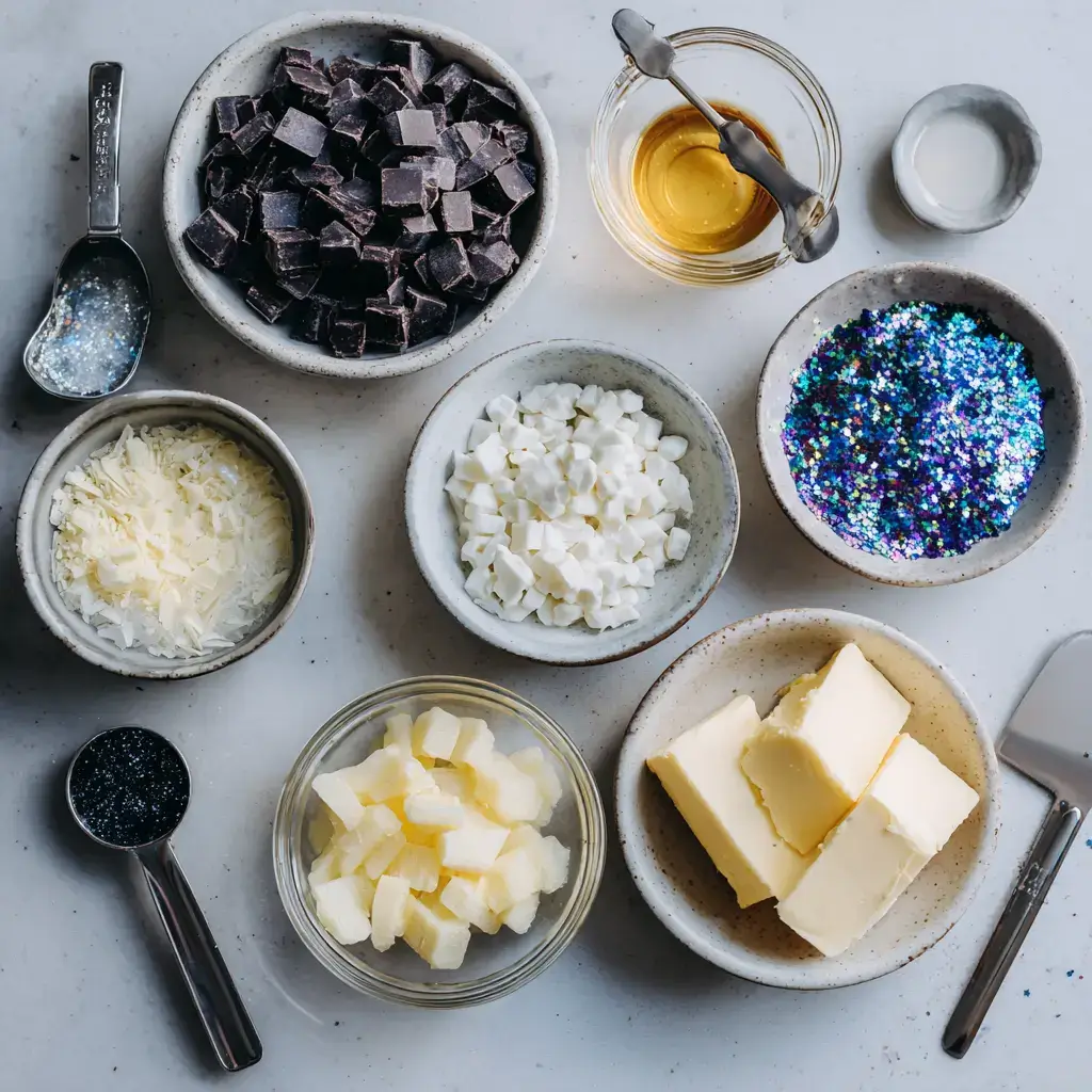 halloween midnight moon fudge ingredients flat lay