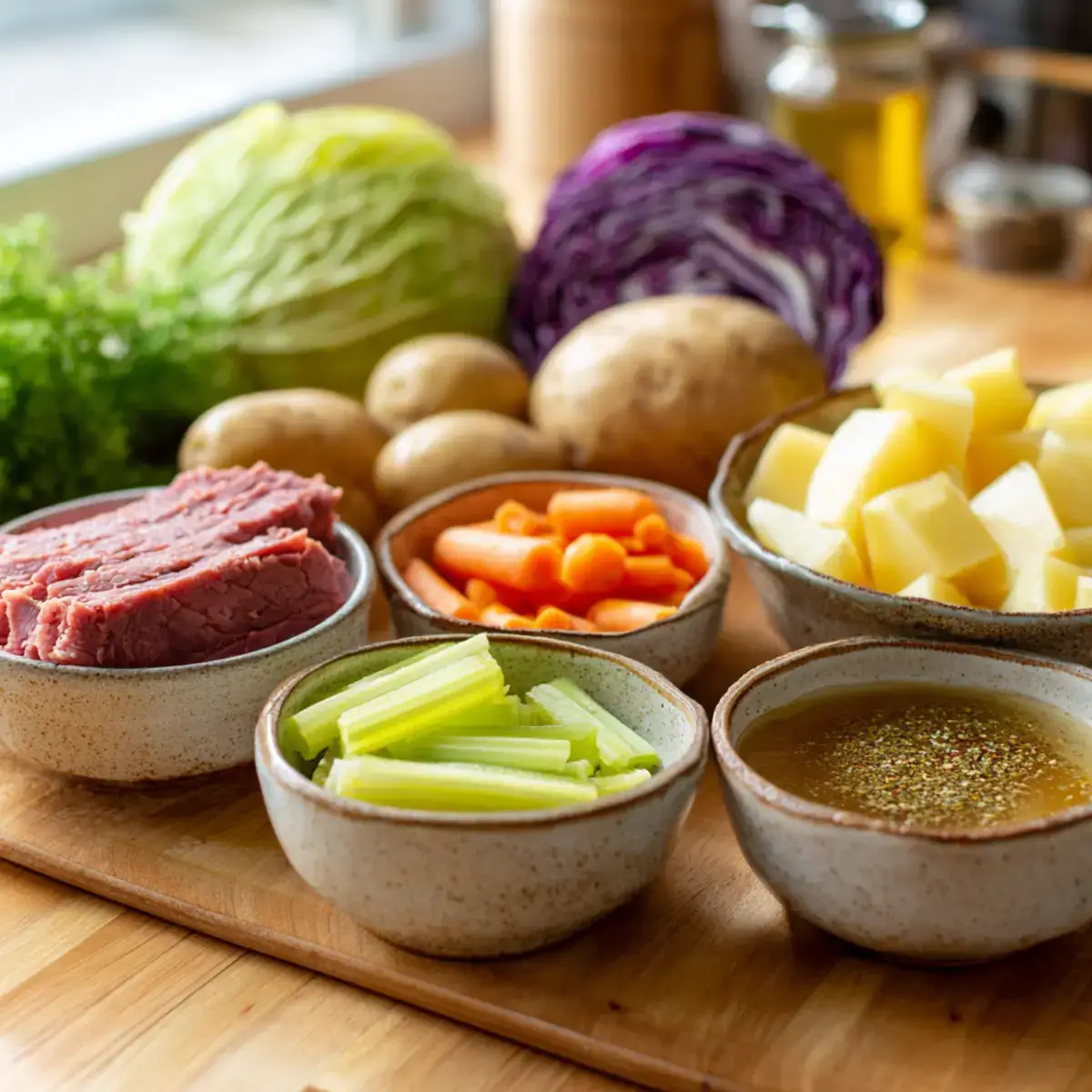 ingredients for Irish-style corned beef and cabbage stew
