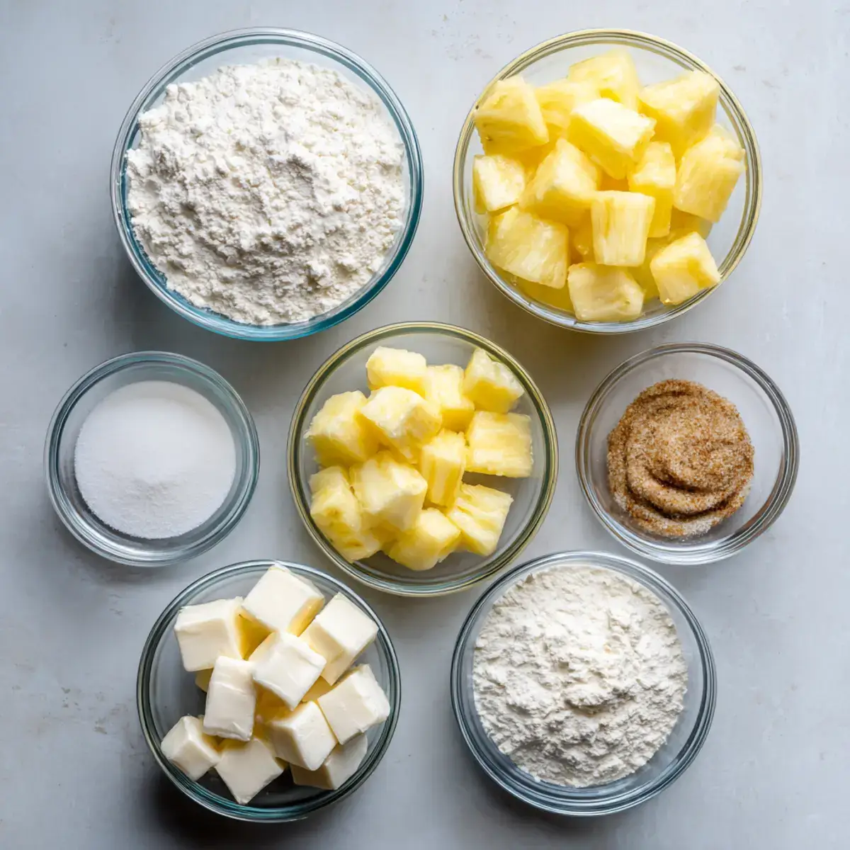 Pineapple Cream Cheese Cobbler ingredients flat lay
