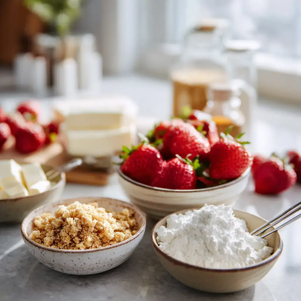 strawberry crunch cheesecake bites ingredients flat lay