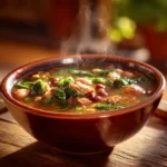 15 bean soup with smoked turkey tails & collard greens in ceramic bowl