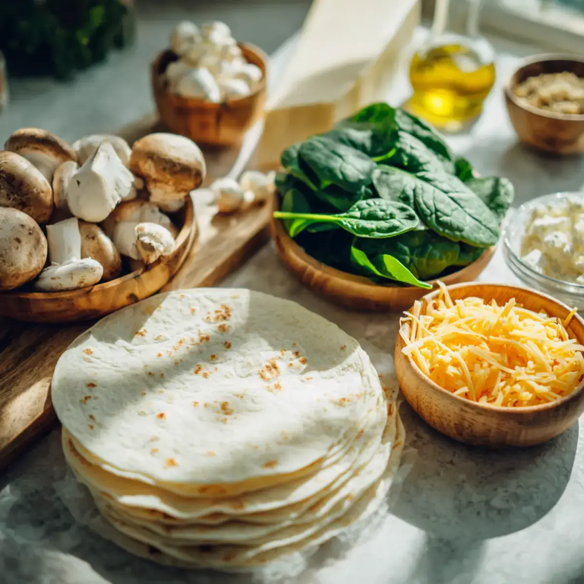 Ingredients for baked spinach mushroom quesadillas on countertop