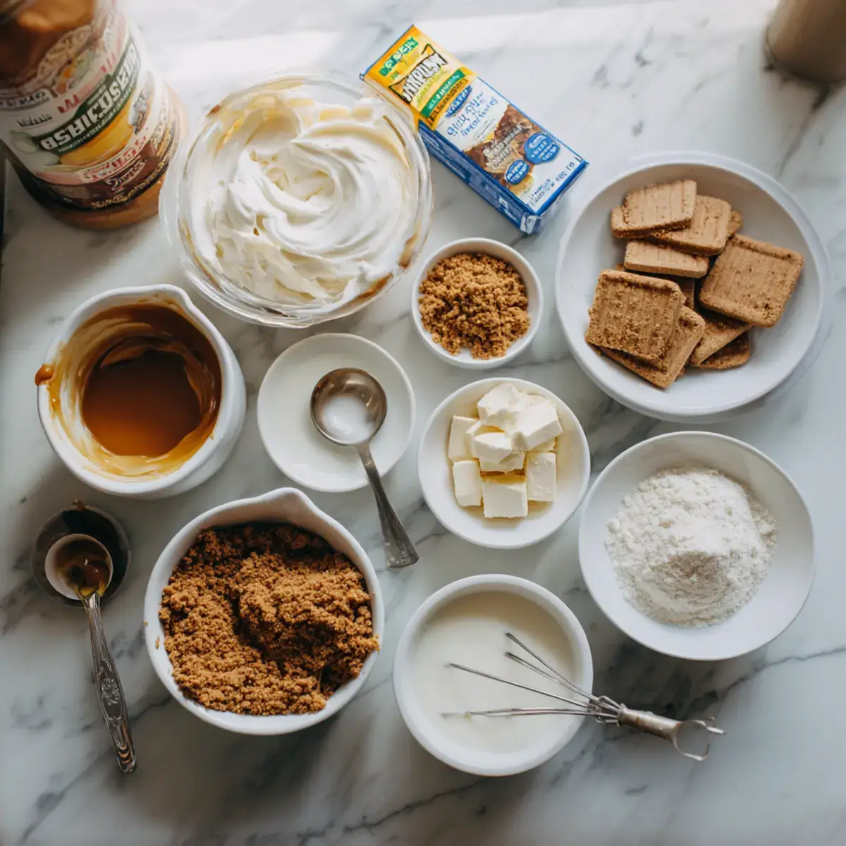 Ingredients for Biscoff banana pudding without bananas arranged on countertop