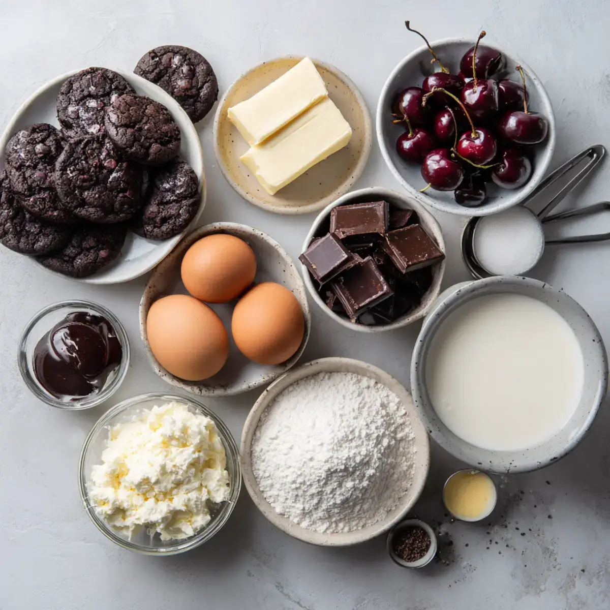 Flat-lay of Black Forest Cheesecake Delight ingredients in ceramic bowls