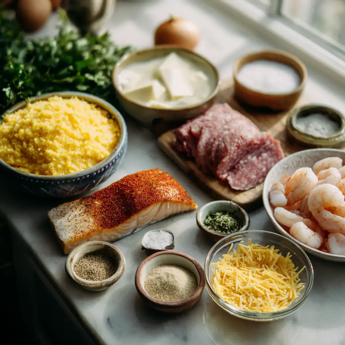 ingredients for blackened catfish shrimp sausage with creamy cheddar grits