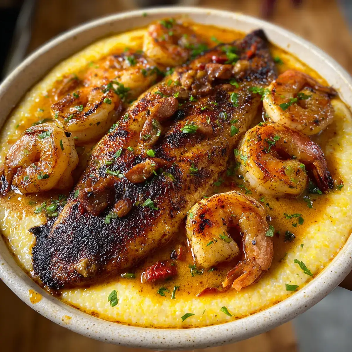 blackened catfish shrimp sausage with creamy cheddar grits