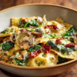 Cheesy Ravioli with Spinach, Mushrooms, and Sun-Dried Tomatoes dinner