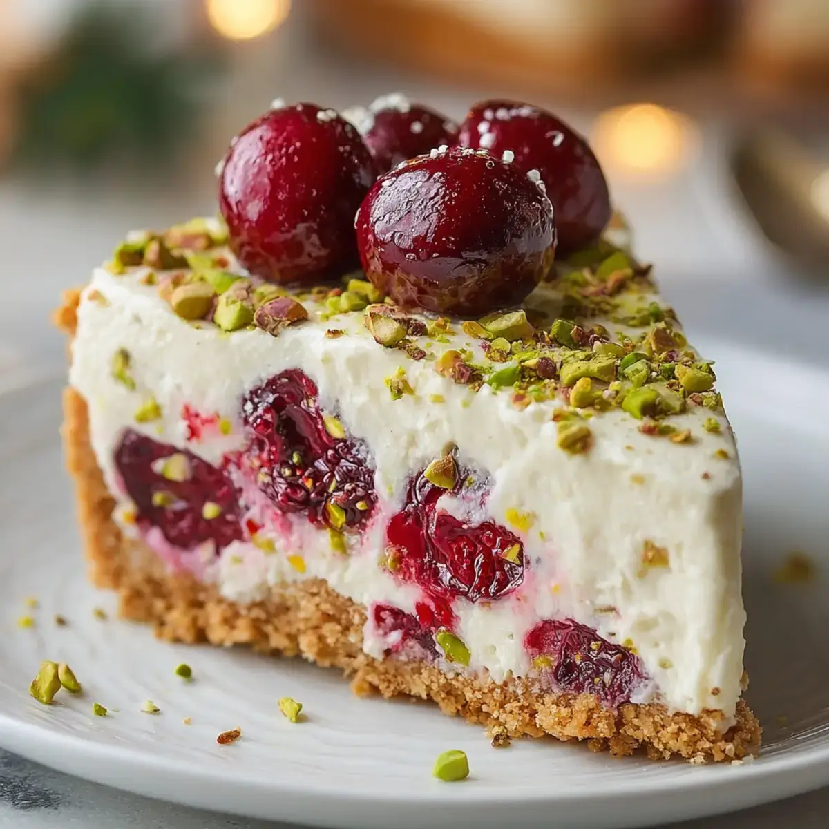 Cherry Pistachio No Bake Cheesecake slice close-up