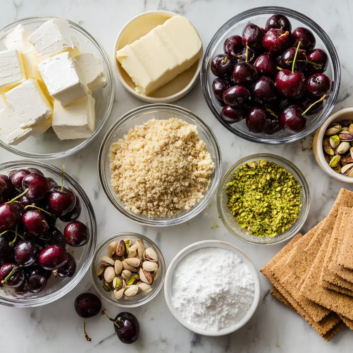 Ingredients for Cherry Pistachio No Bake Cheesecake