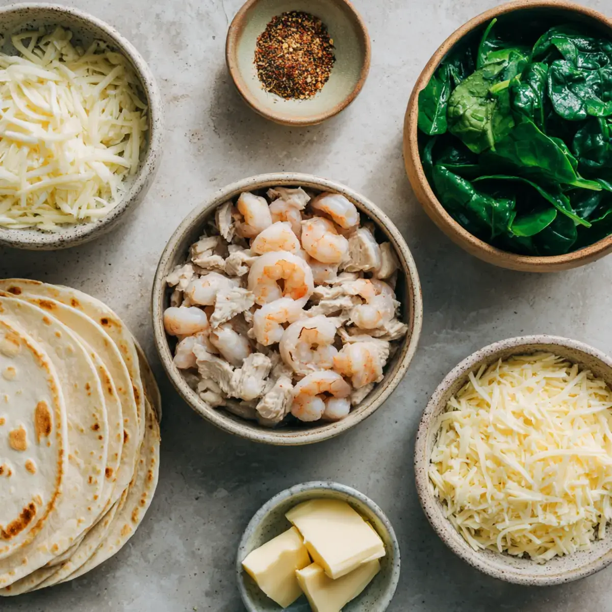 Chicken Shrimp & Spinach Quesadillas ingredients flat lay