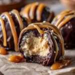 Chocolate Peanut Butter Snowballs with Caramel Drizzle close-up