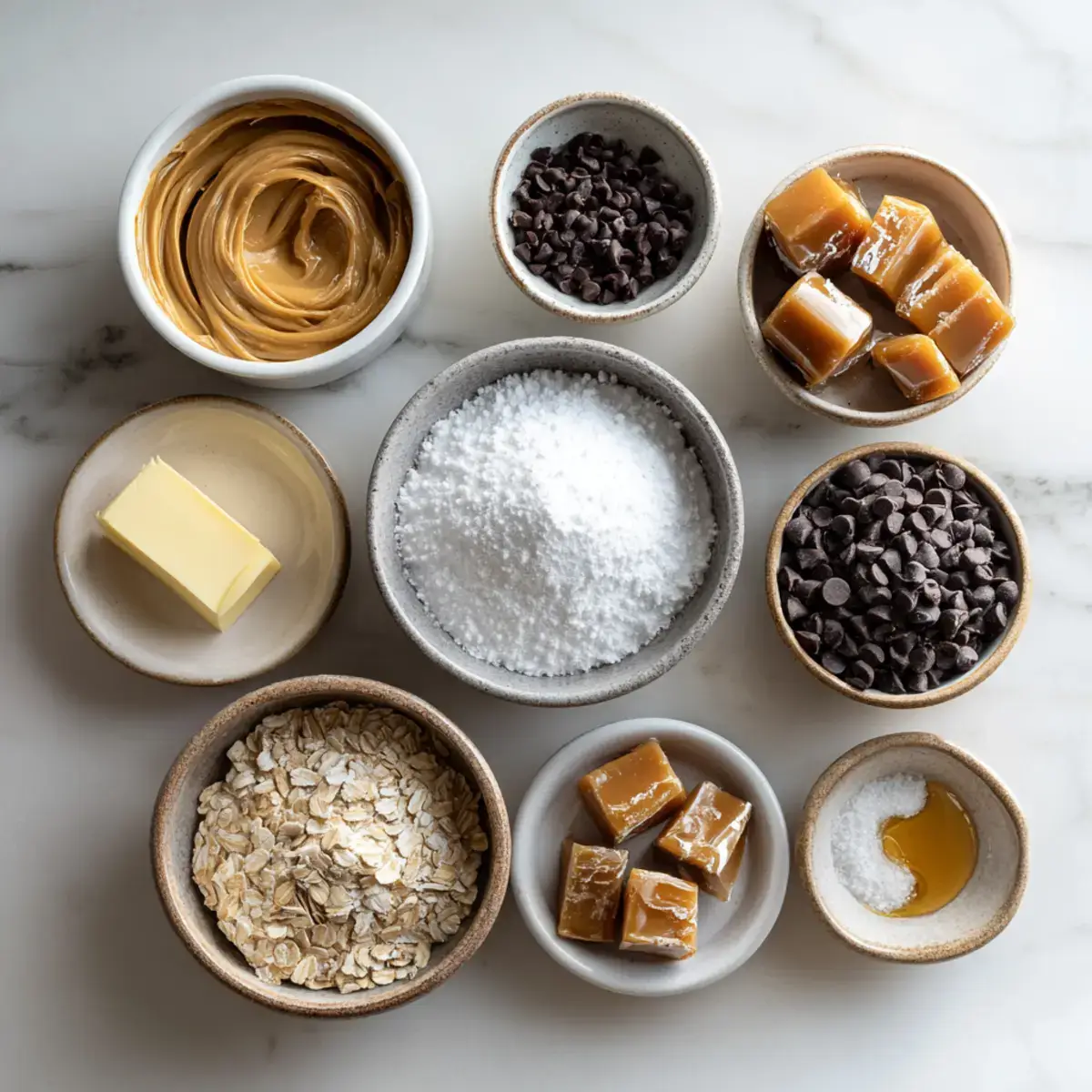 Ingredients for Chocolate Peanut Butter Snowballs with Caramel Drizzle