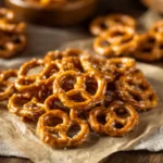 Church Lady Butter Toffee Pretzels close-up on parchment