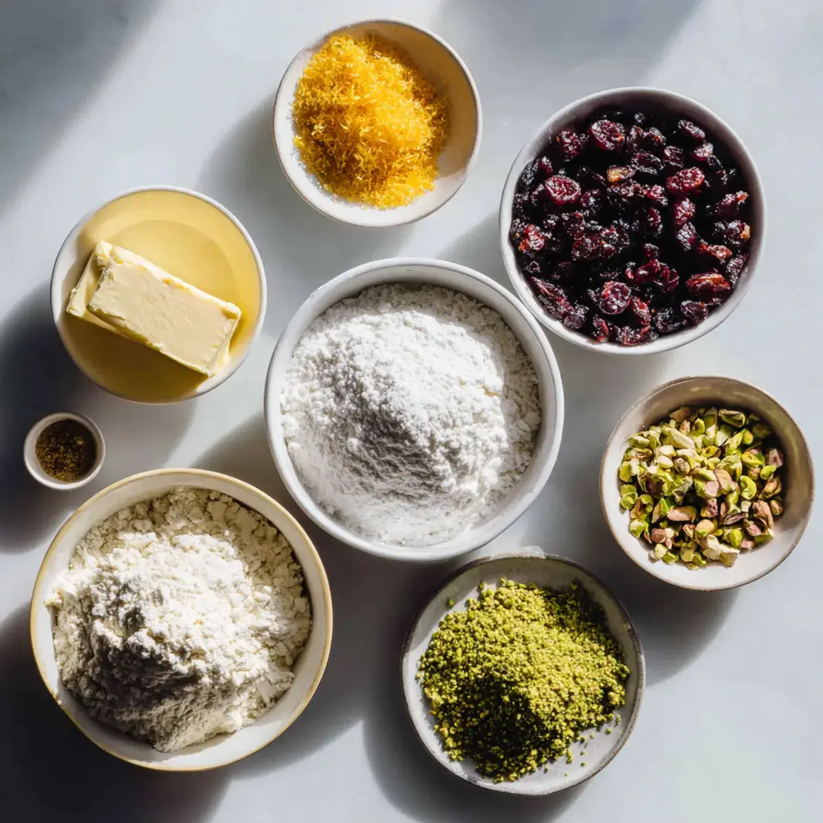 Cranberry Pistachio Shortbread Cookies ingredients flat lay
