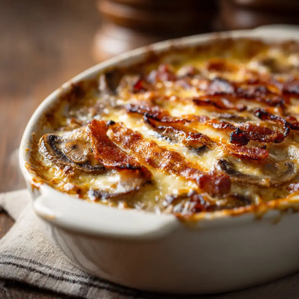 Creamy Bacon Portobello Mushroom Gratin in ceramic dish