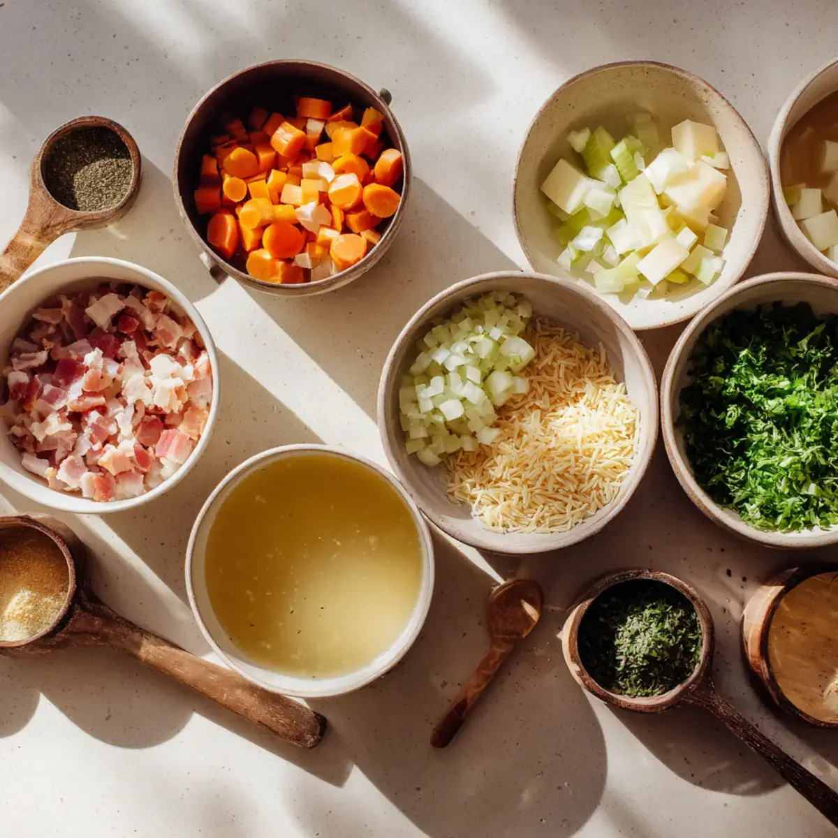 Ingredients for Creamy Chicken Broth Soup with Bacon and Vegetables
