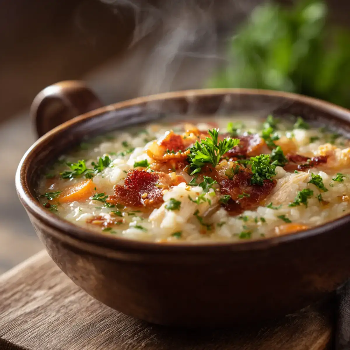 Creamy Chicken Broth Soup with Bacon, Vegetables, and Pastina