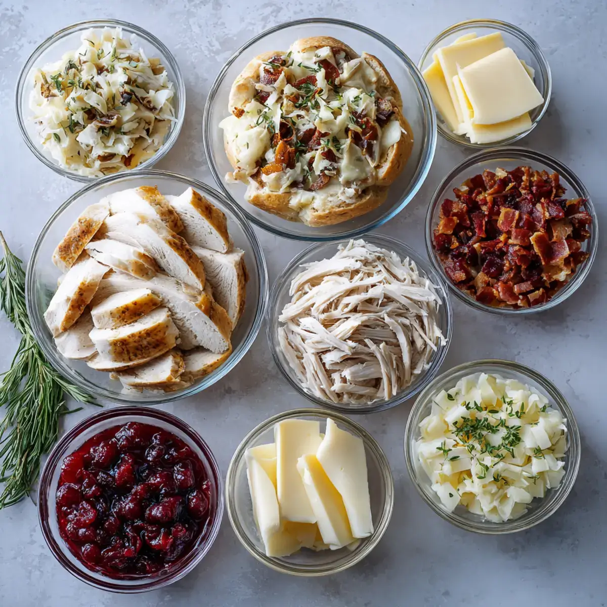 Ingredients for Festive Aussie Pull-Apart Sourdough with Roast Chicken, Brie, Bacon & Cranberry Glaze