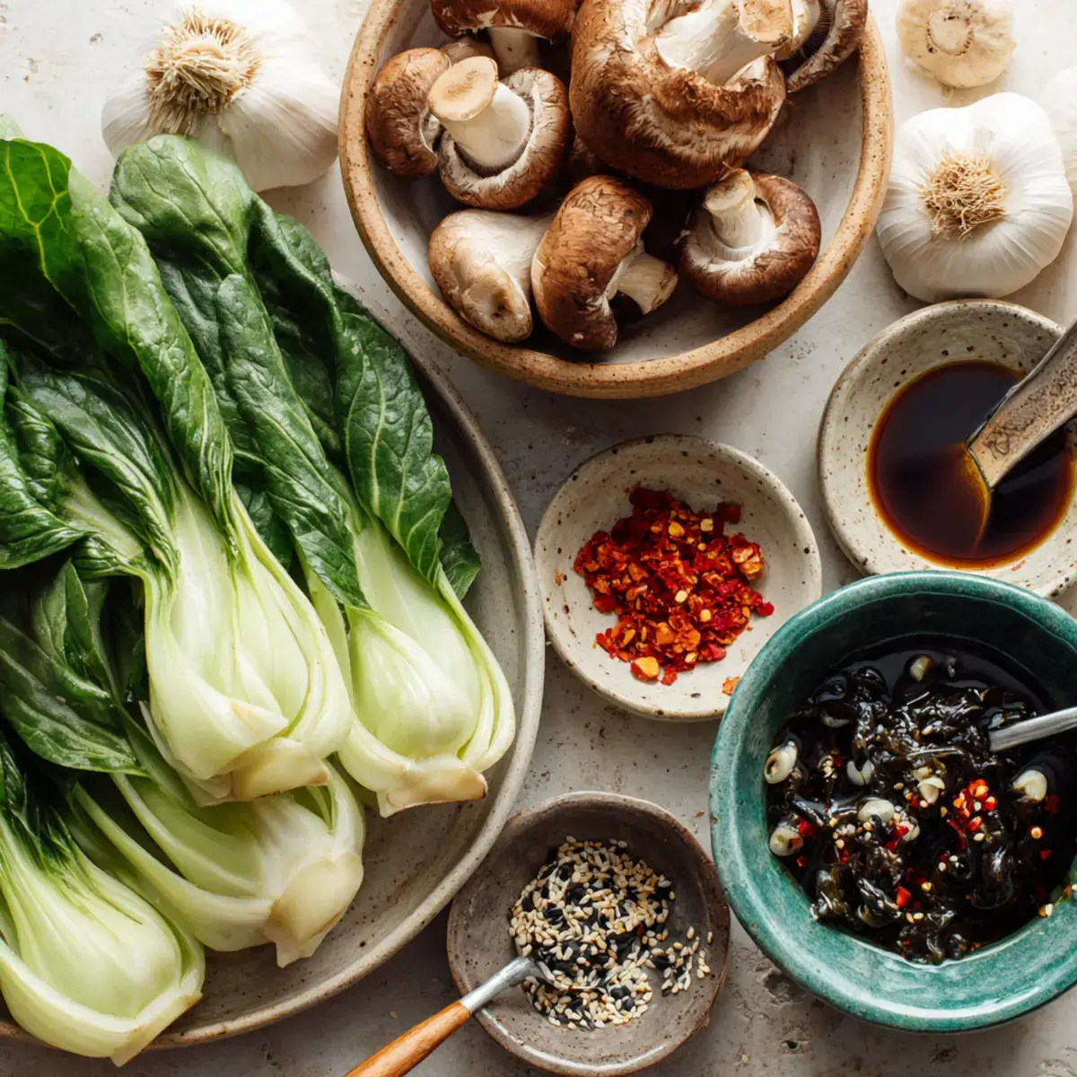 Garlic Mushroom Bok Choy Stir-Fry ingredients flat-lay